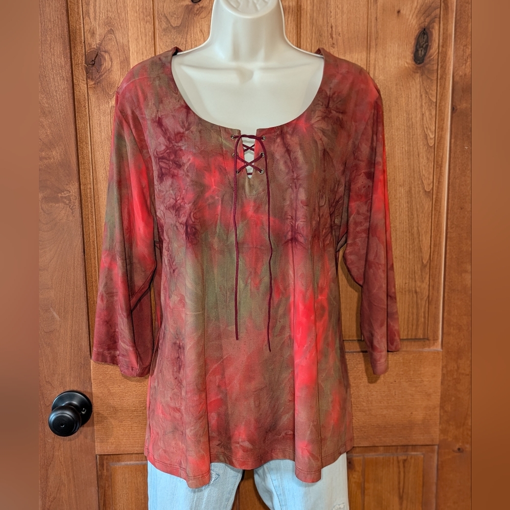 Fashion‎ Bug Red and Green Lace-Up Blouse